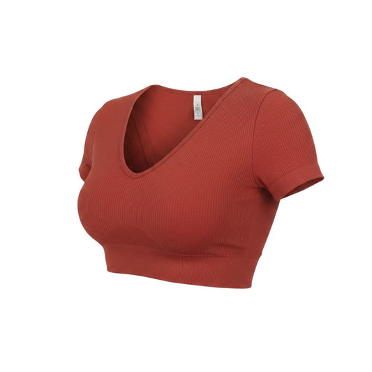Bo+Tee Womens Brown Cropped Ribbed V-Neck Active T-Shirt Size S