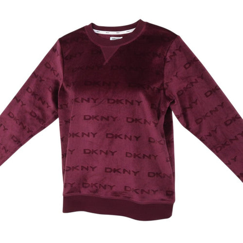 Prewornwholesale burgundy velour pullover sweatshirt with all-over DKNY logo print, crew neck, and ribbed cuffs.