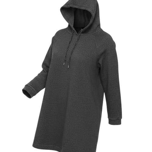 Prewornwholesale charcoal grey pullover hoodie with long sleeves, hood, and drawstring in a relaxed plus-size fit.