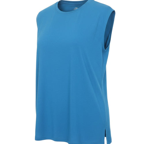 Prewornwholesale Crane women's blue sleeveless activewear tank top with crew neck and side slits in jersey fabric