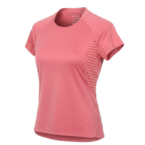 Prewornwholesale DECATHLON women's pink polyester pullover t-shirt with a round neck and side panel detailing.