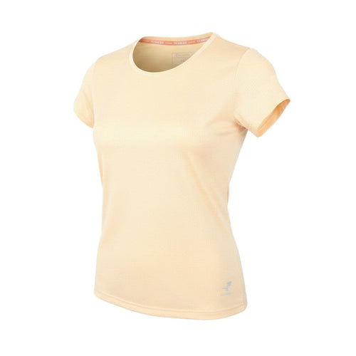Prewornwholesale Energetics beige moisture-wicking running t-shirt with short sleeves and breathable mesh fabric.