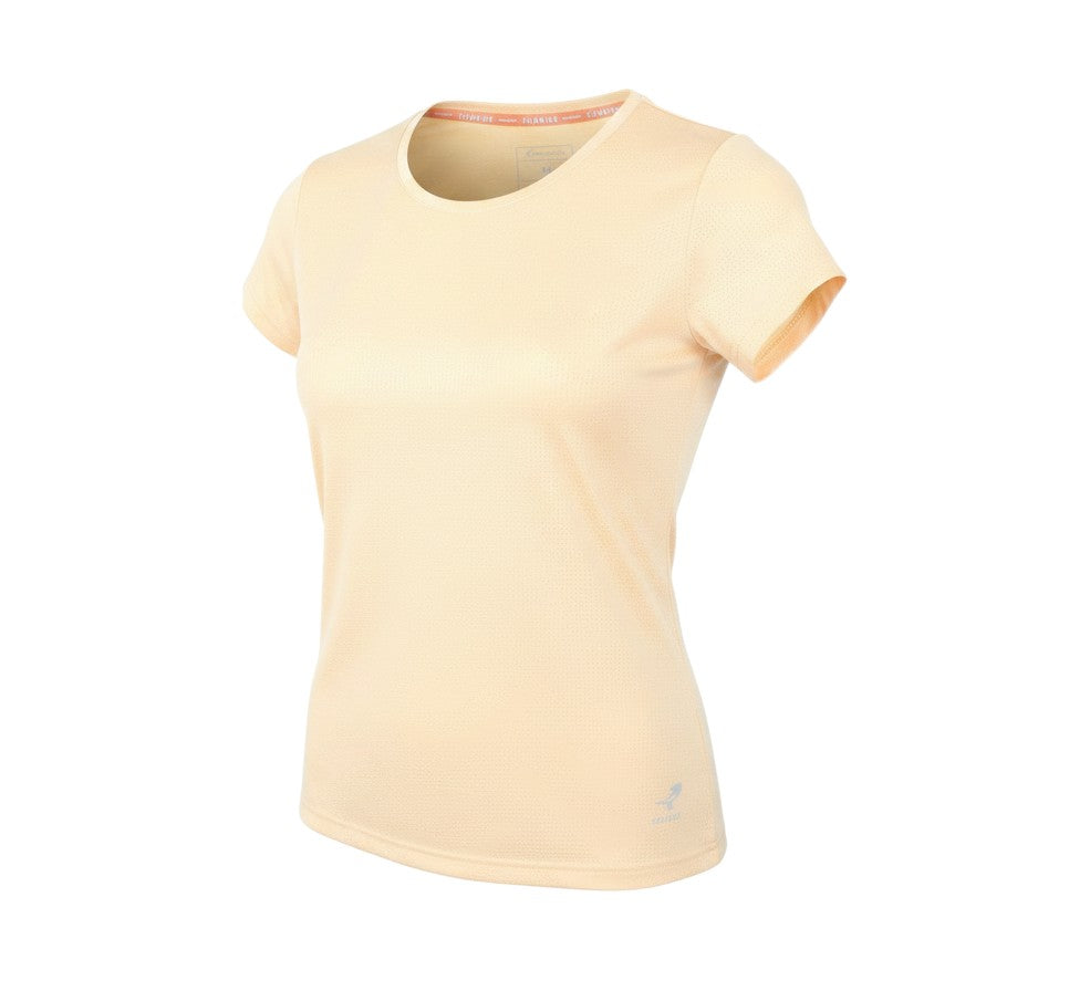 Prewornwholesale Energetics beige moisture-wicking running t-shirt with short sleeves and breathable mesh fabric.