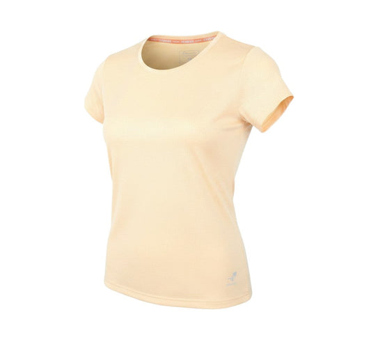Prewornwholesale Energetics beige moisture-wicking running t-shirt with short sleeves and breathable mesh fabric.