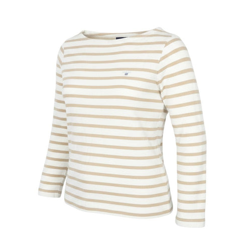 Prewornwholesale GANT women's beige and white striped cotton pullover sweatshirt with a boat neckline.