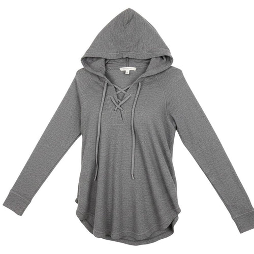 Prewornwholesale GAP grey marled knit long sleeve hoodie with a lace-up front neckline and ribbed cuffs.