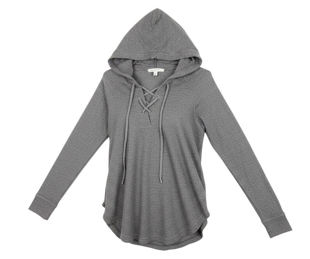 Prewornwholesale GAP grey marled knit long sleeve hoodie with a lace-up front neckline and ribbed cuffs.