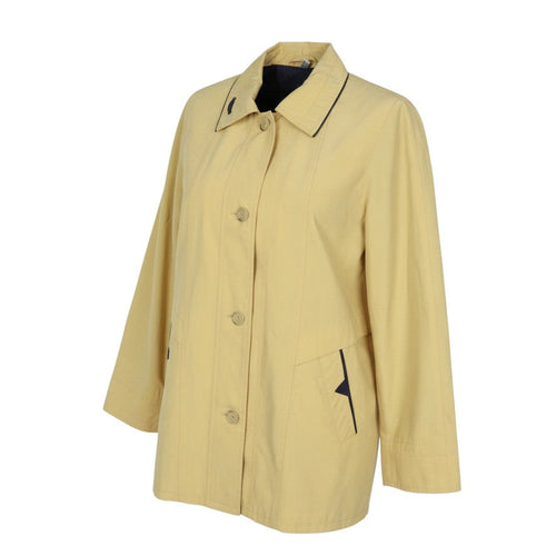 Prewornwholesale Golfino yellow cotton mid-length rain coat with a collared neckline and dark piping detail.