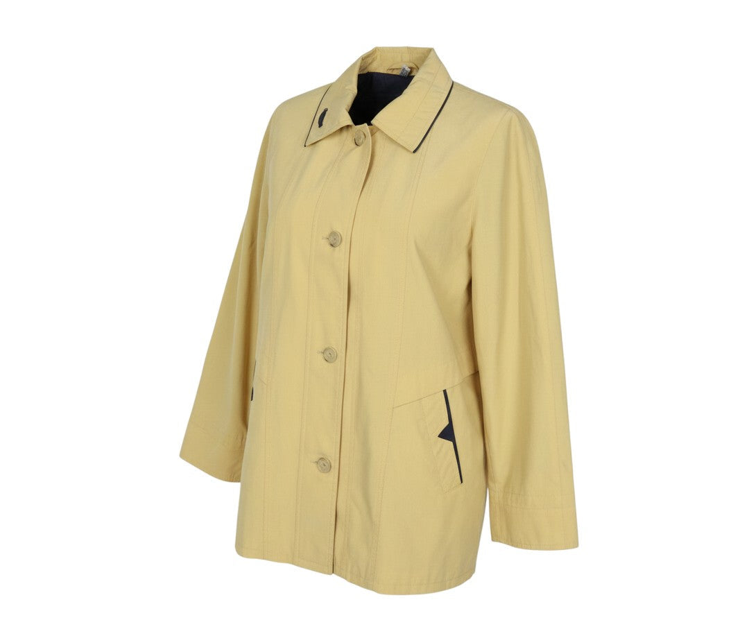 Prewornwholesale Golfino yellow cotton mid-length rain coat with a collared neckline and dark piping detail.