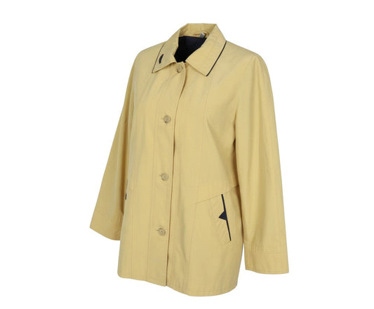 Prewornwholesale Golfino yellow cotton mid-length rain coat with a collared neckline and dark piping detail.