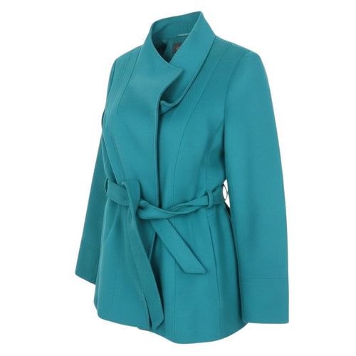 Prewornwholesale Marks and Spencer Per Una green belted trench coat with a collared neckline and tie waist.