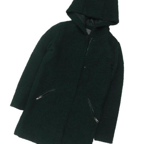 Primark Women Green Hooded Bouclé Zip Coat UK 8 Mid-Length