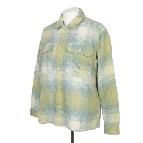 Prewornwholesale Zara women's green and cream check wool blend shacket with button-up front and chest pockets.