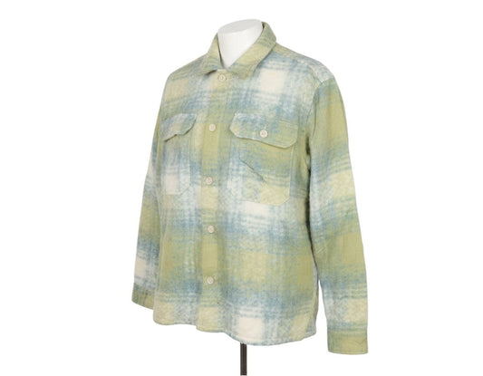 Prewornwholesale Zara women's green and cream check wool blend shacket with button-up front and chest pockets.