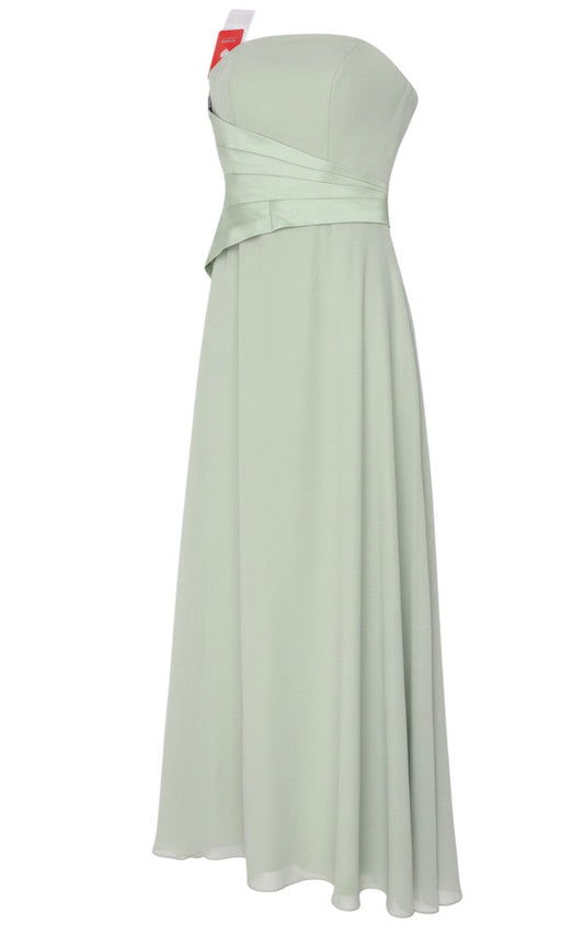 Prewornwholesale celadon green strapless A-line chiffon formal gown with a sweetheart neckline and pleated waist.