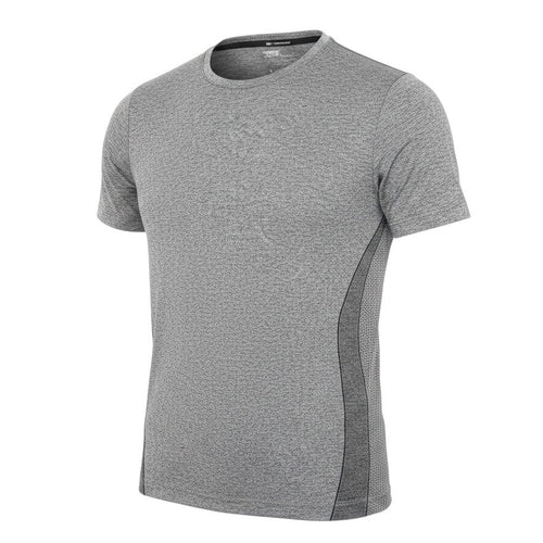 Prewornwholesale grey short sleeve active t-shirt with crew neck and moisture-wicking knit fabric for workouts.
