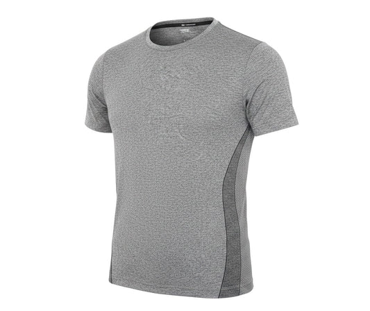 Prewornwholesale grey short sleeve active t-shirt with crew neck and moisture-wicking knit fabric for workouts.