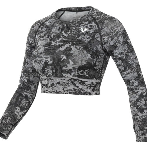 Prewornwholesale grey camouflage long sleeve cropped activewear top with crew neck and raglan sleeves.
