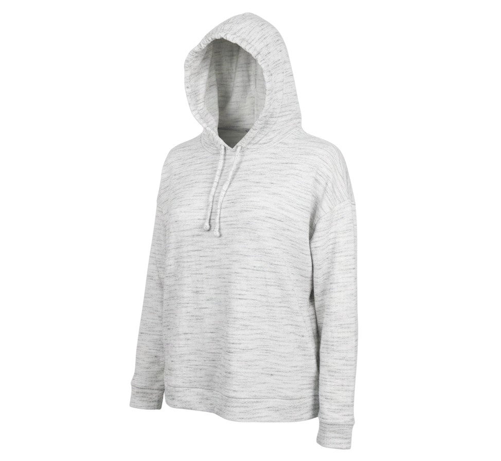 Prewornwholesale grey marl pullover hoodie with drawstring hood and front pouch pockets in soft jersey fabric