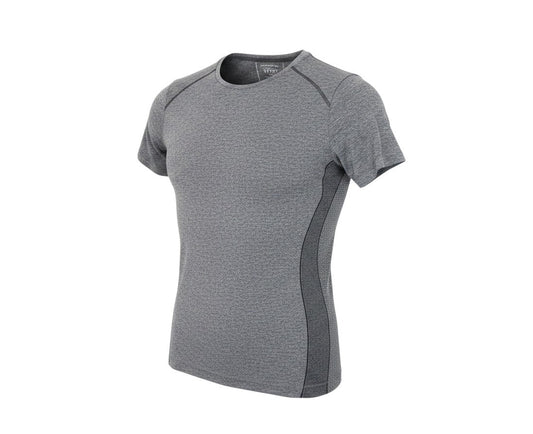 Prewornwholesale grey performance sport t-shirt with short sleeves, crew neck, and breathable side panel detailing.