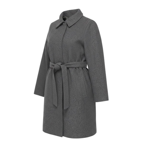 Prewornwholesale grey wool-blend belted overcoat with a collared neckline and long sleeves in a classic mid-length cut.