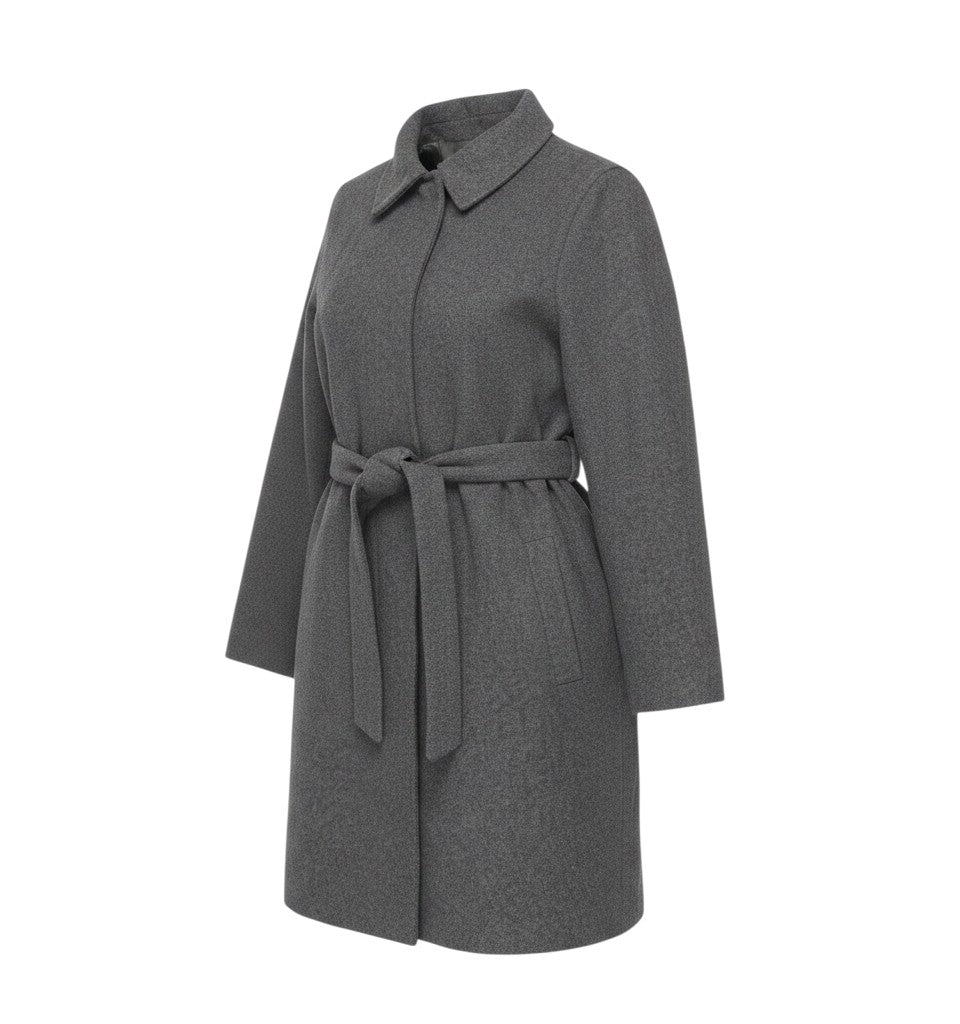 Prewornwholesale grey wool-blend belted overcoat with a collared neckline and long sleeves in a classic mid-length cut.