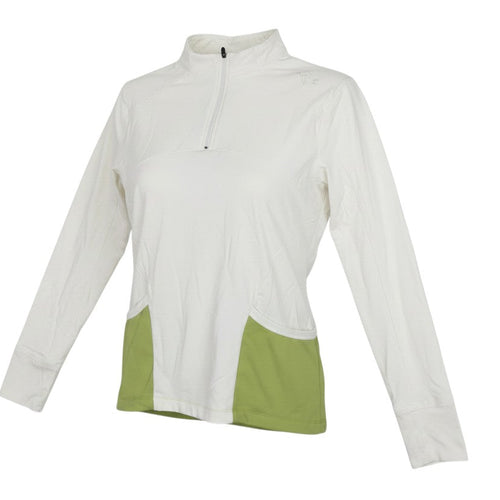 Prewornwholesale ivory and green half-zip athletic pullover hoodie with long sleeves and performance fabric