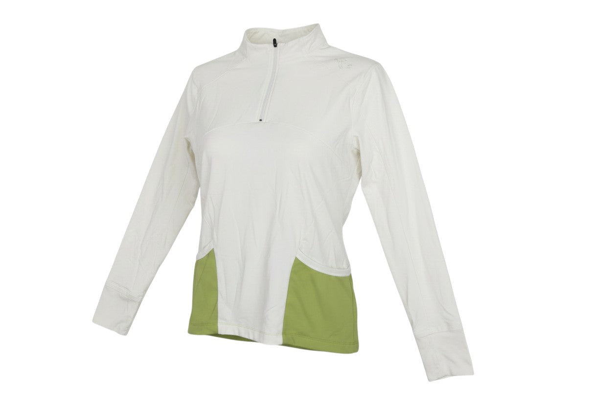 Prewornwholesale ivory and green half-zip athletic pullover hoodie with long sleeves and performance fabric