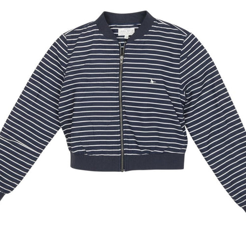 Prewornwholesale Jack Wills navy blue and white striped cotton bomber jacket with zip front and ribbed trim