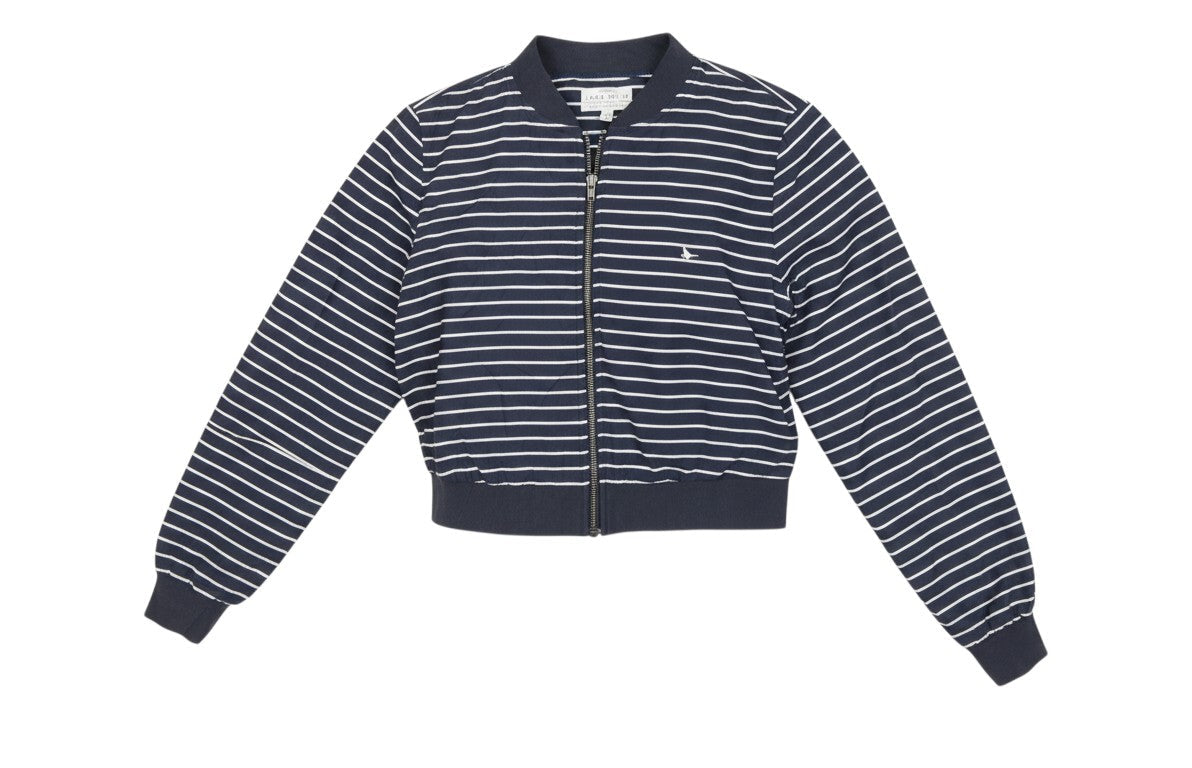 Prewornwholesale Jack Wills navy blue and white striped cotton bomber jacket with zip front and ribbed trim