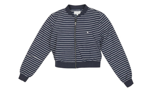 Prewornwholesale Jack Wills navy blue and white striped cotton bomber jacket with zip front and ribbed trim