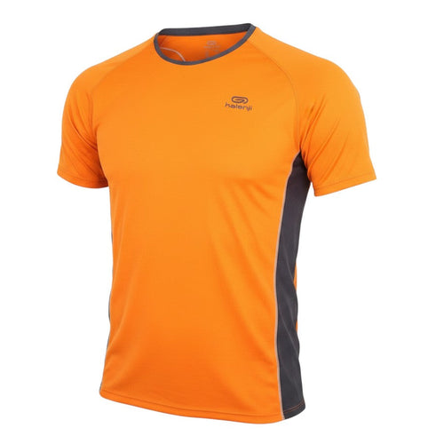 Prewornwholesale Kalenji women's orange polyester short-sleeve athletic t-shirt with grey side panels and round neck.
