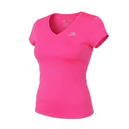 Prewornwholesale Kalenji women's vibrant pink V-neck short sleeve running top in lightweight breathable polyester