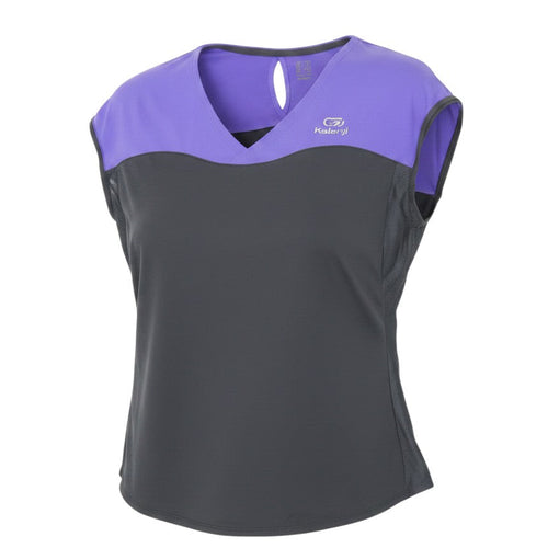 Prewornwholesale Kalenji women's purple and black athletic running t-shirt with V-neck, cap sleeves, and mesh panels.