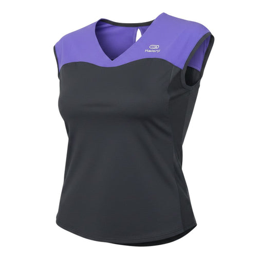 Prewornwholesale Kalenji women's purple and black V-neck athletic tank top in breathable polyester fabric