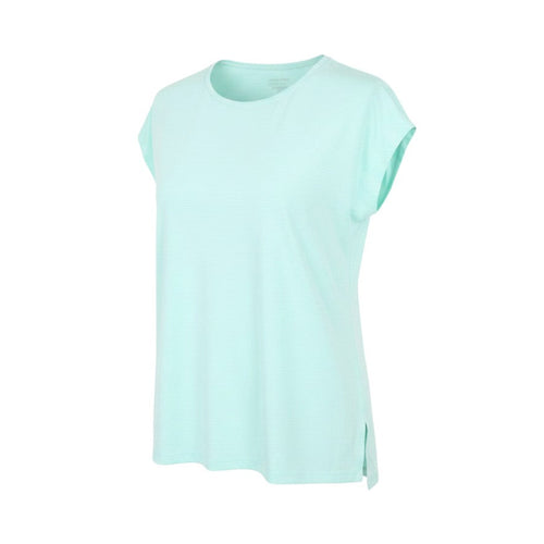 Prewornwholesale light blue performance sport t-shirt with crew neck and side slits in breathable polyester fabric.