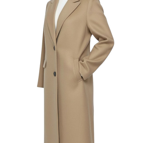 Prewornwholesale Marks and Spencer beige long polyester overcoat with lapel collar and single-breasted button closure.