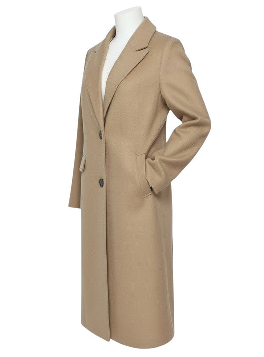 Prewornwholesale Marks and Spencer beige long polyester overcoat with lapel collar and single-breasted button closure.