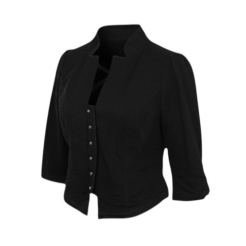 Prewornwholesale Marks and Spencer black cotton cropped jacket with 3/4 sleeves and button front closure.