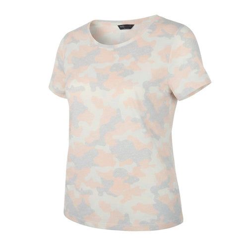 Prewornwholesale Marks and Spencer women's crew neck t-shirt in a peach, cream, and grey camouflage jersey print.