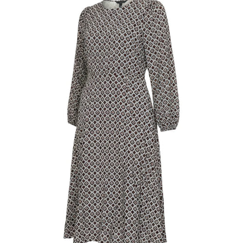 Prewornwholesale Marks and Spencer multicoloured geometric print A-line midi dress with puff sleeves and belted waist.