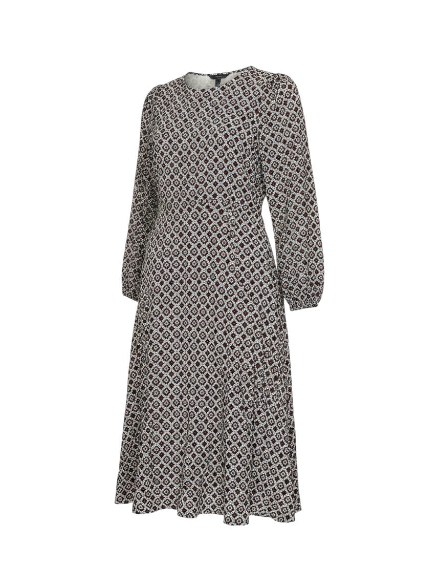 Prewornwholesale Marks and Spencer multicoloured geometric print A-line midi dress with puff sleeves and belted waist.