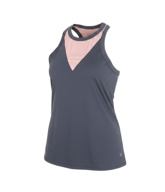 Prewornwholesale Marks and Spencer grey and pink racerback tank top with a V-shaped panel and scoop neckline.