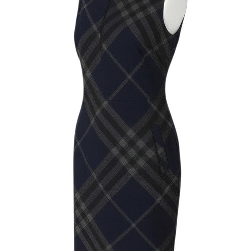 Prewornwholesale navy blue sleeveless shift dress featuring a classic check pattern and a front zip detail.