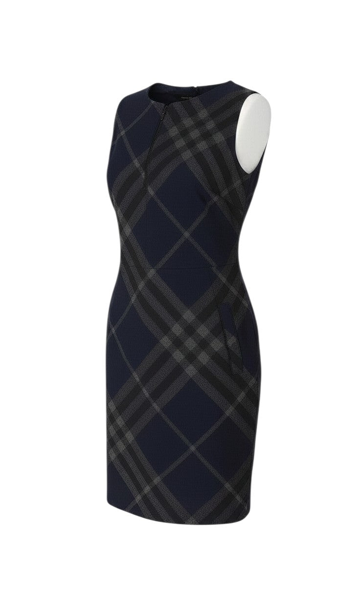 Prewornwholesale navy blue sleeveless shift dress featuring a classic check pattern and a front zip detail.