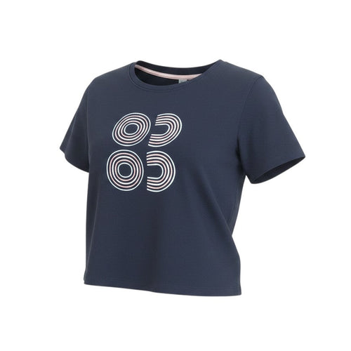 Prewornwholesale navy blue cropped cotton T-shirt with geometric circular embroidery and crew neck