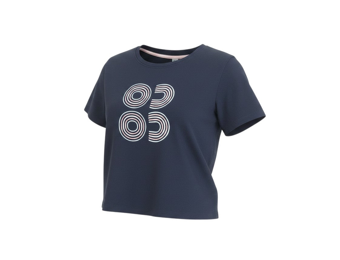 Prewornwholesale navy blue cropped cotton T-shirt with geometric circular embroidery and crew neck