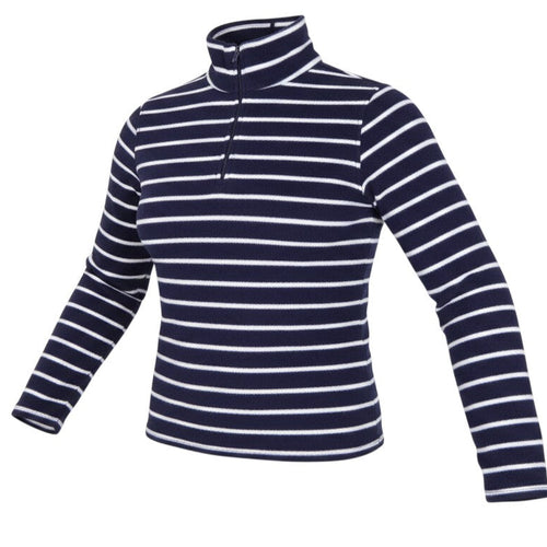 Prewornwholesale navy blue and white striped fleece pullover with a quarter zip high neckline for women