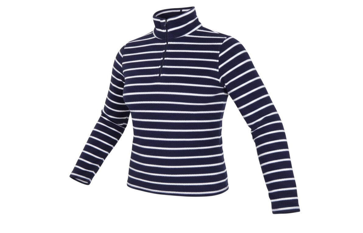 Prewornwholesale navy blue and white striped fleece pullover with a quarter zip high neckline for women