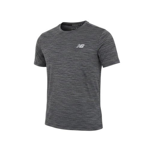 Prewornwholesale New Balance women's grey marl short sleeve activewear t-shirt with crew neck and chest logo